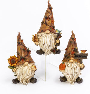 Set of 3 6-Inch Vintage Fall Gnome Figurines with Harvest Accents - Thanksgiving Centerpiece, Autumn Tabletop, Desk, Mantel Decorations - Rustic Country Farmhouse Garden Home Decor