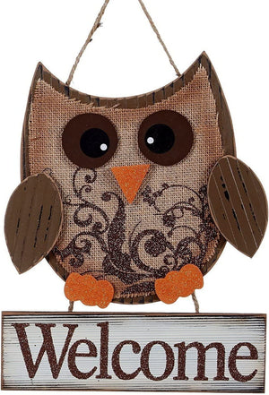 12-Inch Rustic Fall Owl Wood and Burlap Wall Art Welcome Hanging Sign - Decorative Front Door Hanger Country Farmhouse Autumn Harvest Thanksgiving Home Decor