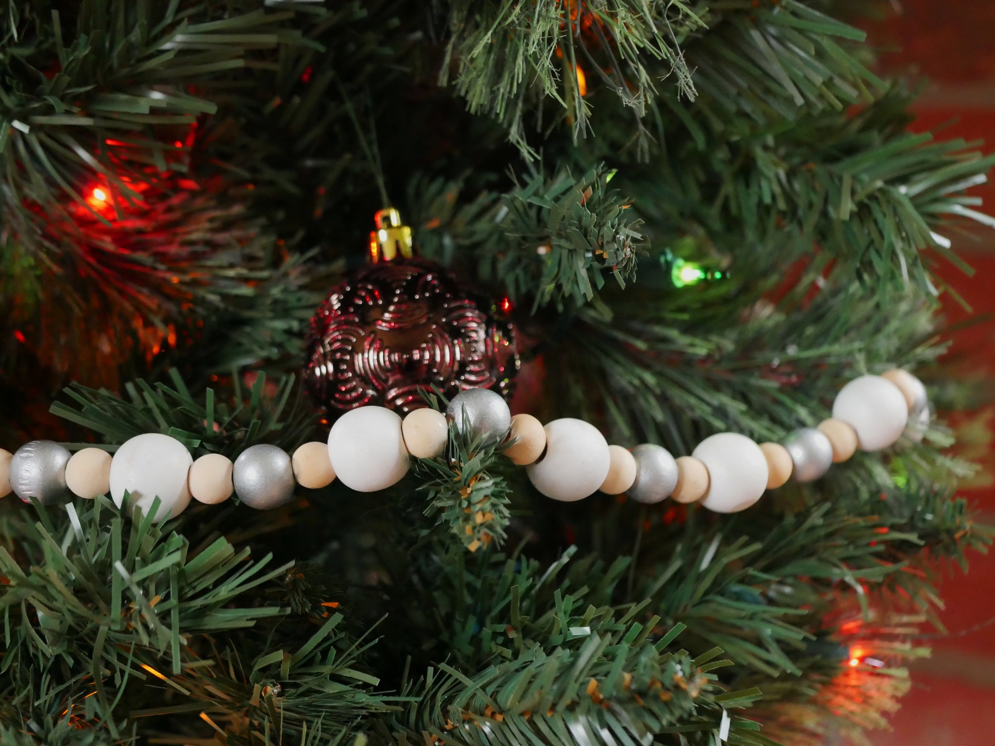 9-Foot Vintage Rustic White, Silver and Unfinished Wood Bead Garland C -  One Holiday Way