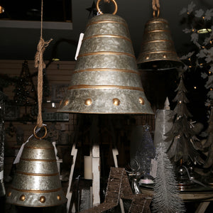 Nested Galvanized Metal Bells with Gold Accents and Twine Hanging Rope (Set of 3)