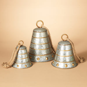 Nested Galvanized Metal Bells with Gold Accents and Twine Hanging Rope (Set of 3)