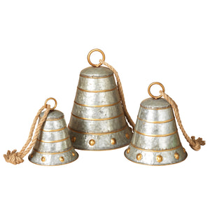 Nested Galvanized Metal Bells with Gold Accents and Twine Hanging Rope (Set of 3)
